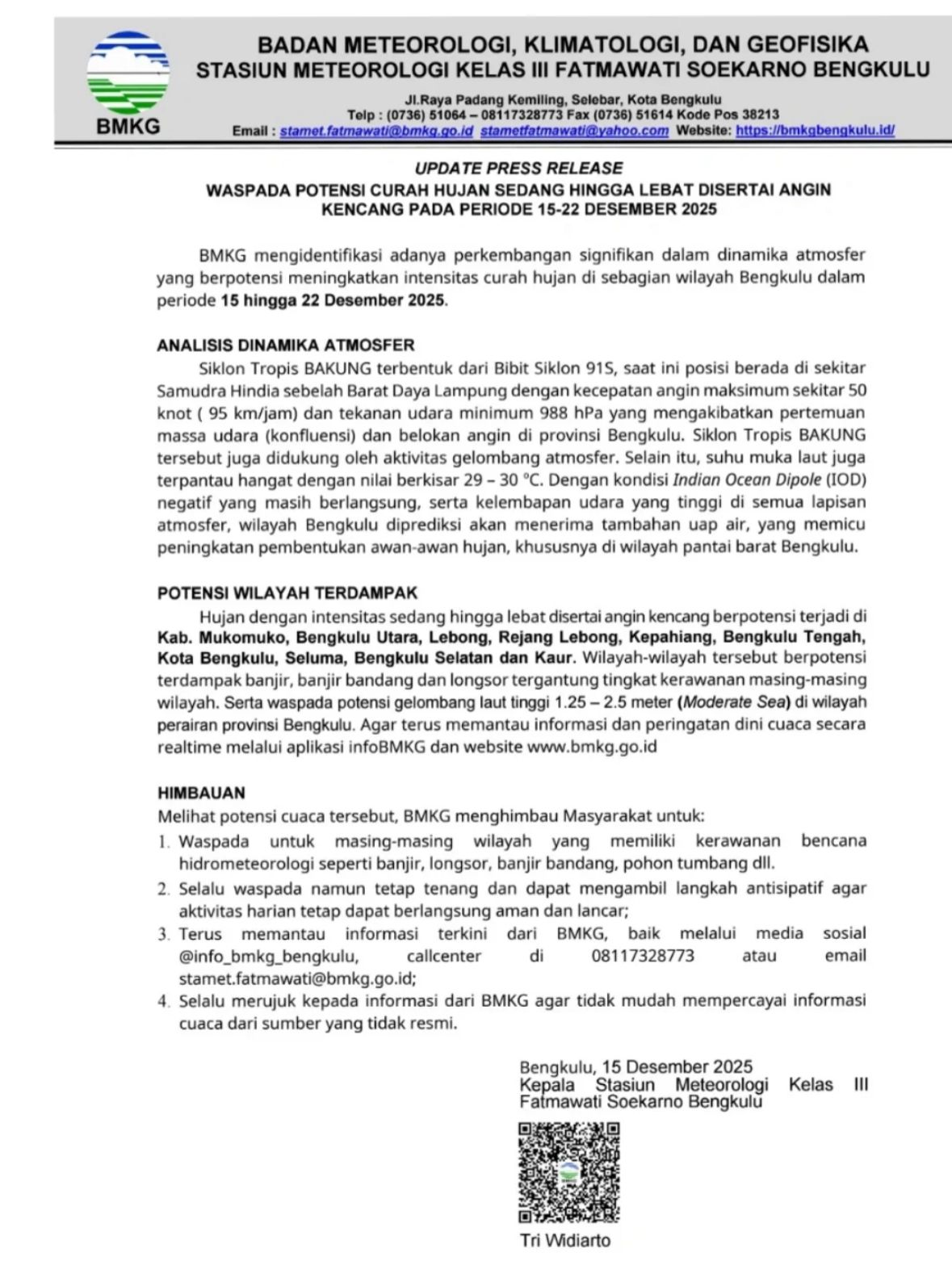 BMKG Bengkulu Imbau Waspada Cuaca Ekstrem Akhir Tahun, Potensi Hujan Lebat hingga Gelombang Tinggi