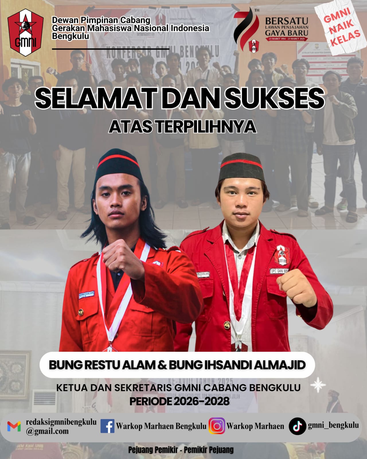 Konfercab GMNI Bengkulu ke-XVIII Resmi Digelar, Muhammad Restu Alam dan Ihsandi Almajid Terpilih sebagai Pimpinan Cabang